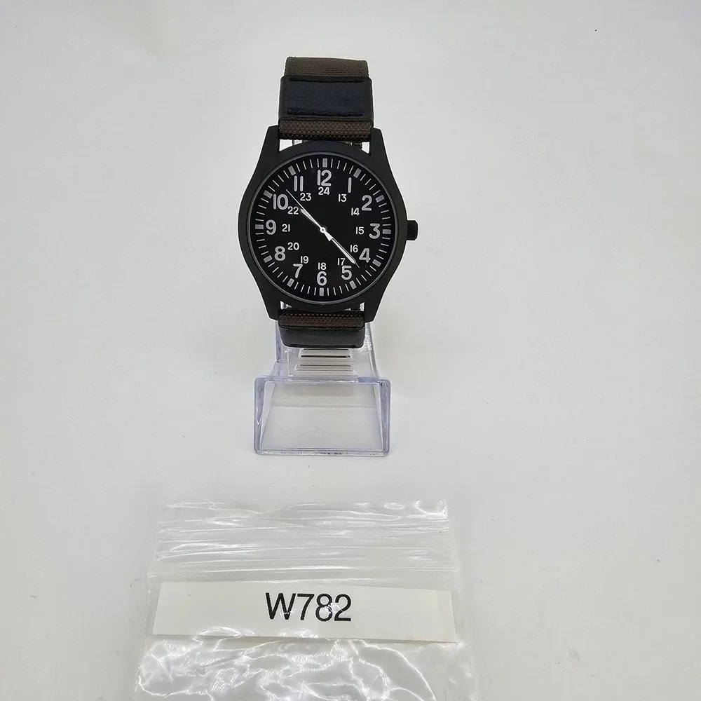42MM Military‎ Men's Field Watch Black Dial Dark Brown Canvas Bands New Battery
